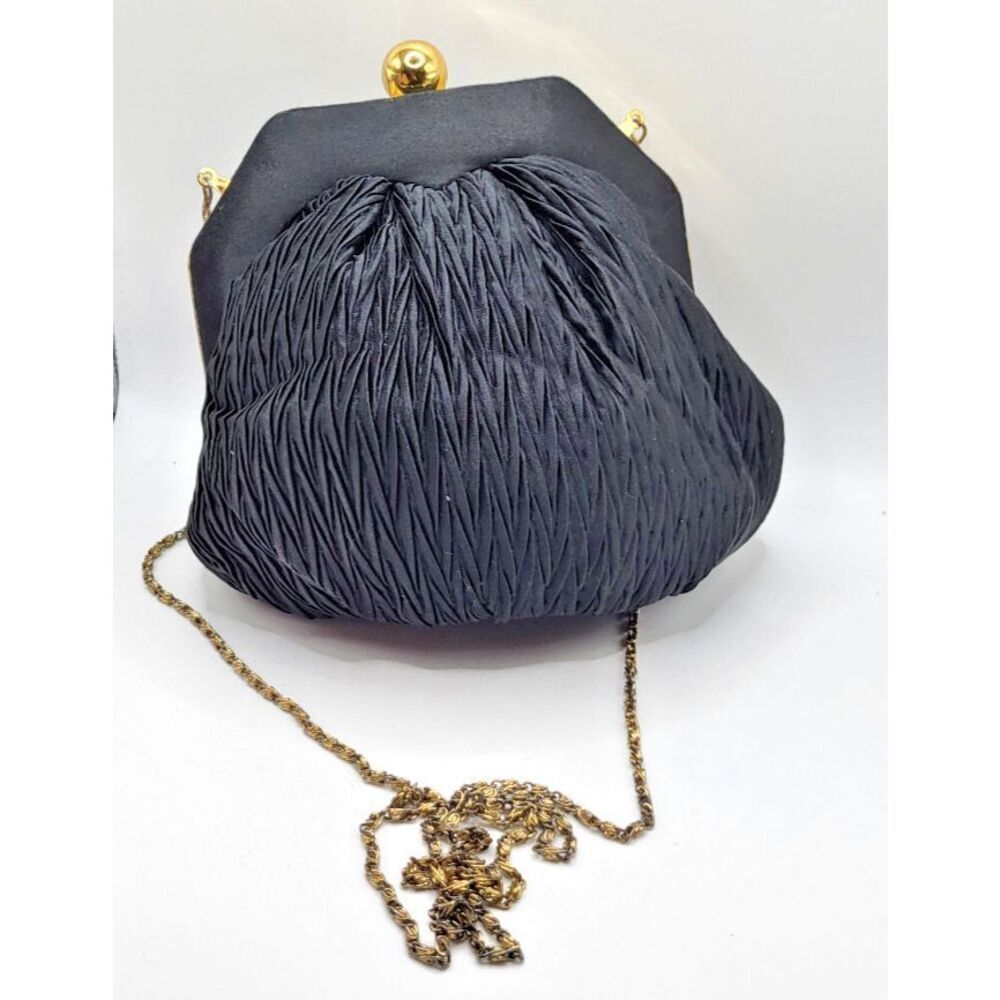 Shals Vintage Black Peau de Soie Clutch Pleated Evening Bag w Chain Strap - Picture 2 of 8